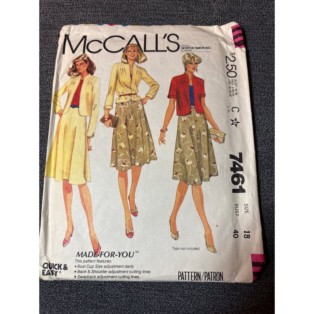 McCalls 7461 Womens Jacket Skirt Sewing Pattern Size 18 Quick & Easy 1981 Vintag